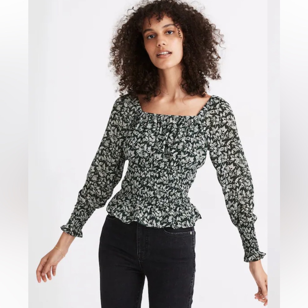 Madewell Georgette Square-Neck Smock-Waist Top in Forest Leaves Size S